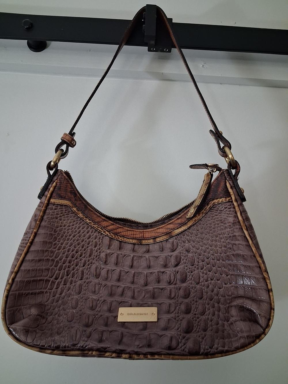 Brahmin Brown Croc-Embossed Shoulder Bag with Tan Trim